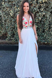 A-Line Deep V-Neck Sweep Train Split Criss-Cross Straps White Chiffon Embroidery Prom Dress LR139