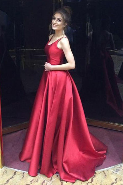 A-Line Scoop Backless Sweep Train Red Satin Prom Dress with Ruched PDA469 | ballgownbridal