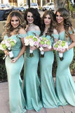 Mermaid Off-the-Shoulder Sweep Train Green Satin Bridesmaid Dress with Lace AHC651