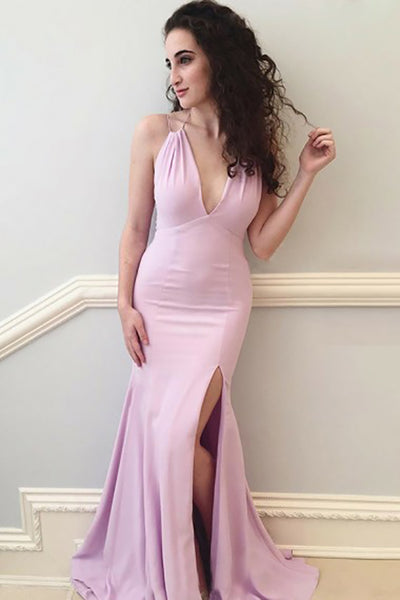 Mermaid Deep V-Neck Criss-Cross Straps Pink Split Sleeveless Prom Dress LR246