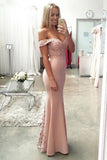 Mermaid Off-the-Shoulder Floor-Length Blush Satin Prom Dress with Lace LR354
