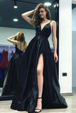 A-Line Spaghetti Sraps Floor-Length Black Satin Prom Dress with Split PDA405 | ballgownbridal