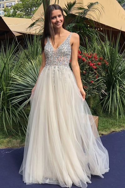 A-Line V-Neck Backless Floor-Length Ivory Tulle Prom Dress with Beading PDA261 | ballgownbridal