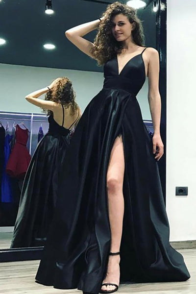 A-Line Deep V-Neck Split Side Black Sweep Train Satin Backless Prom Dress AHC535