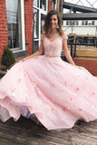 Pink Tulle Off Shoulder Two Pieces Long Lace Homecoming Dress PDA509 | ballgownbridal