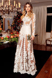 A-Line Bateau Long Sleeves Floor-Length White Tulle Prom Dress with Appliques LR470
