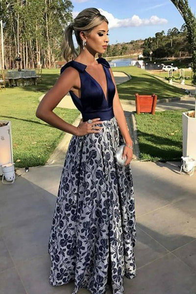 A-Line Deep V-Neck Floor-Length Navy Blue Printed Satin Sleeveless Prom Dress LR279