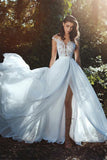 A-line Illusion Neck Split Cap Sleeves Chiffon Prom Evening Dress with Appliques PDA258 | ballgownbridal