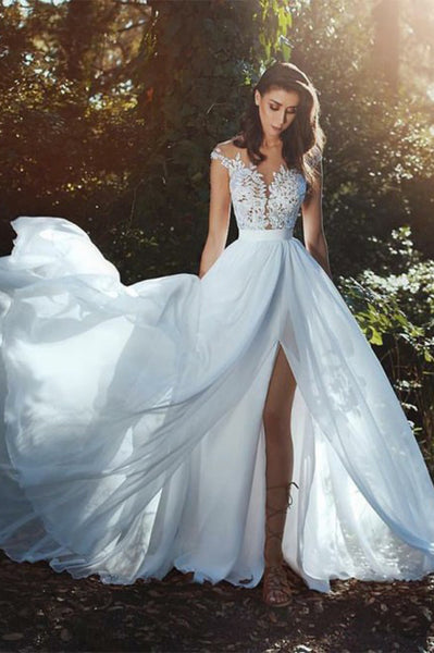 A-line Illusion Neck Split Cap Sleeves Chiffon Prom Evening Dress with Appliques PDA258 | ballgownbridal