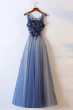 A-Line Round Neck Floor-Length Blue Prom Dress with Appliques PDA525 | ballgownbridal