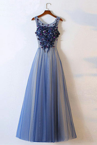 A-Line Round Neck Floor-Length Blue Prom Dress with Appliques PDA525 | ballgownbridal