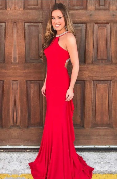 Mermaid Jewel Sweep Train Red Stretch Satin Open Back Prom Dress with Beading LR213
