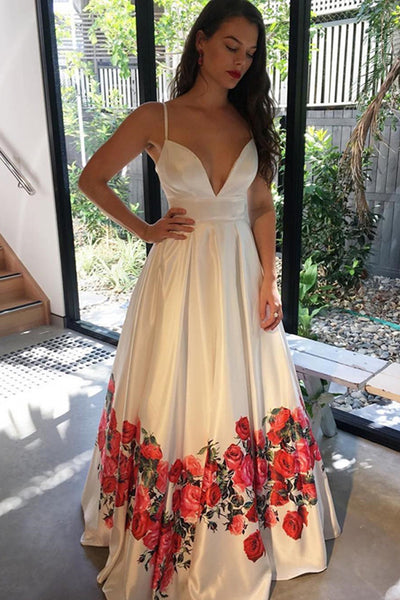 A-Line Spaghetti Straps Floor-Length White Printed Prom Dress with Pleats LR40