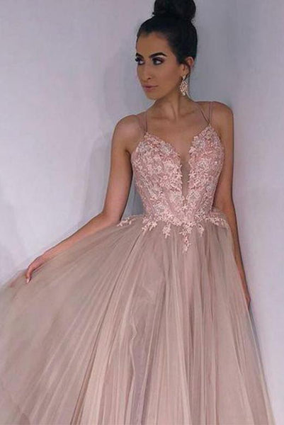 Hot Selling Pink Prom Dresses Long Spaghetti Straps Appliques Evening Dresses PDA001 | ballgownbridal