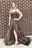 A-Line Spaghetti Straps Sweep Train Leopard Printed Prom Dress with Split PDA267 | ballgownbridal