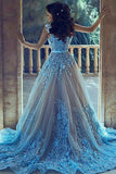 A-Line V-Neck Court Train Blue Tulle Prom Dress with Appliques Beading AHC496