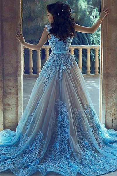 A-Line V-Neck Court Train Blue Tulle Prom Dress with Appliques Beading AHC496