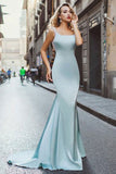 Mermaid Scoop Sweep Train Light Blue Stretch Satin Backless Beaded Prom Dress LR186