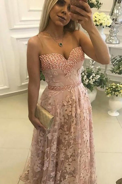 A-Line Scoop Sweep Train Pink Lace Open Back Sleeveless Prom Dress with Beading LR149