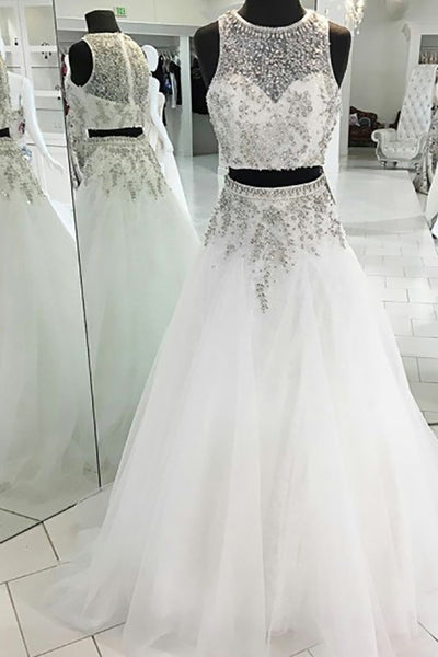 Two Piece Jewel Sweep Train White Tulle Sleeveless Prom Dress with Beading LR335