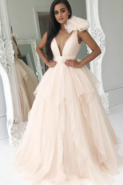 A-Line Deep V-Neck Sweep Train Pearl Pink Striped Tulle Prom Dress with Flower Ruffles LR169