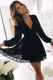 A Line Deep V Neck Long Sleeves Little Black Lace Homecoming Dress PDA018 | ballgownbridal
