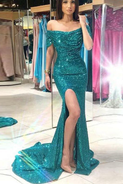 Mermaid Off the Shoulder Blue Sequins Prom Evening Dresses with Split Front PDA231 | ballgownbridal