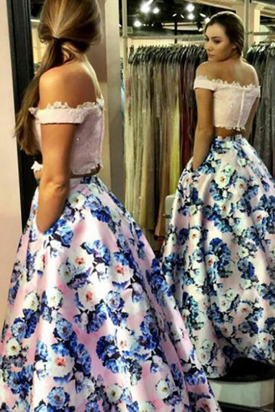 Two Piece Off-the-Shoulder Sweep Train Pink Printed Satin Prom Dress with Appliques LR65