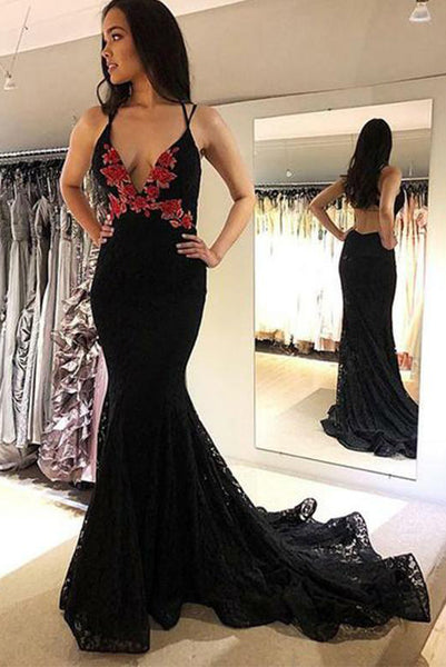 Mermaid Black Long Prom Dresses Deep V Neck Evening Dresses with Appliques PDA218 | ballgownbridal