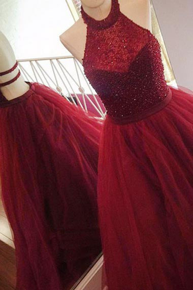 A-Line Halter Sweep Train Backless Dark Red Tulle Prom Dress with Beading AHC665 | ballgownbridal