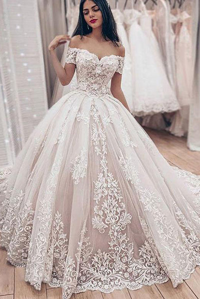 Princess Ball Gown White Wedding Dresses Off the Shoulder with Appliques PDA038 | ballgownbridal