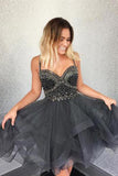 Spaghetti Straps Grey Short Homecoming Dresses with Beading PDA073 | ballgownbridal