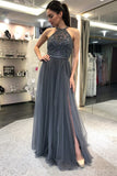 A-Line Crew Floor-Length Grey Tulle Prom Dress with Beading Split PDA385 | ballgownbridal
