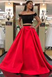 Two Piece Off-the-Shoulder Sweep Train Red Satin Prom Dress with Appliques LR337