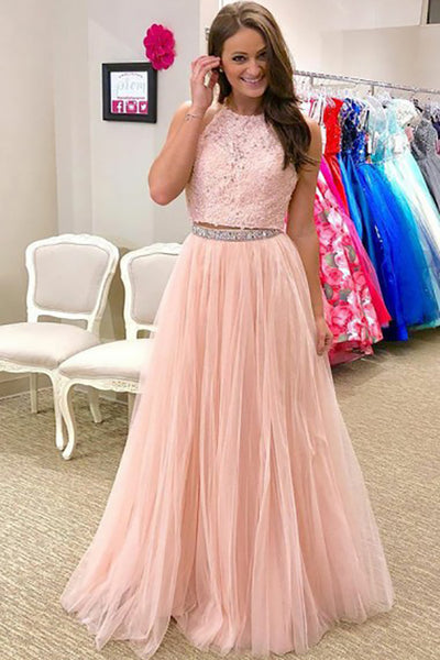 Two Piece Jewel Sweep Train Pink Tulle Open Back Prom Dress with Appliques Beading LR332