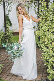 A-Line Deep V-Neck Criss-Cross Straps White Chiffon Bridesmaid Dress with Ruffles AHC647 | ballgownbridal