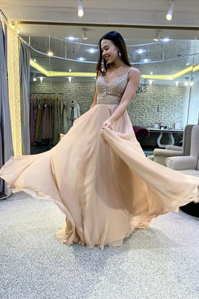 A-Line Spaghetti Straps Floor-Length Champagne Chiffon Prom Dress with Beading LR32