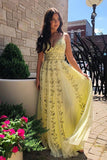 Yellow Tulle V Neck Spaghetti Straps Long Prom Dress With Lace Applique PDA246