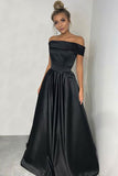 Silhouette: A-Line Neckline:  Off-the-Shoulder Waist:  Natural Style：Fashion , Elegant Hemline/Train：Sweep Train Sleeve Length：Sleeveless Embellishments：Pleats Back Details：Zipper-Up Fabric：Satin Shown Color：Black Occasion：Prom , Evening Season：Spring , Summer , Fall  If the color box is not in your requirement, please check the color chart When you choose color name, please leave us a message that which color that you want.  Please note that all of the dresses are tailored from scratch including the standa