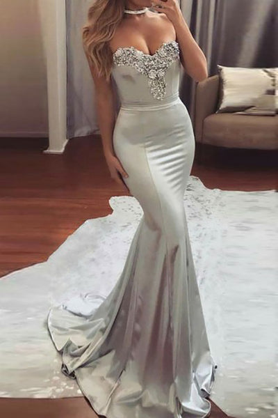 Mermaid Sweetheart Sweep Train Grey Satin Prom Dress with Beading LR424 | ballgownbridal