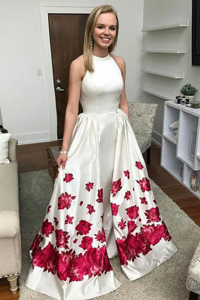 Mermaid Jewel Detachable Sweep Train White Printed Satin Prom Dress with Pockets LR66