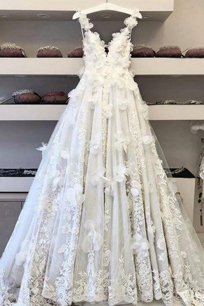 White Wedding Long Dresses Deep V Neck Appliques Lace for Women PDA172 ...