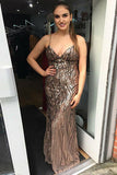 Mermaid Spaghetti Straps Sweep Train Brown Chiffon Sleeveless Prom Dress with Sequins LR142