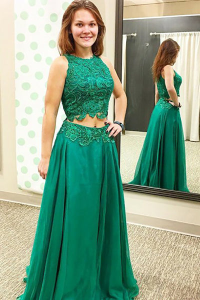Two Piece Jewel Sweep Train Green Tulle Sleeveless Prom Dress with Appliques LR54