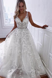 Beautiful A Line V Neck White Wedding Dresses with Appliques Lace PDA031 | ballgownbridal