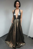 A-Line Halter Backless Long Metallic Magic Prom Dress with Pockets PDA319 | ballgownbridal