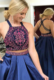 Two Piece Square Sweep Train Criss-Cross Straps Royal Blue Satin Appliques Prom Dress LR330