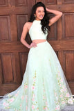 Two Piece Jewel Sweep Train Mint Lace Sleeveless Open Back Prom Dress with Appliques LR62