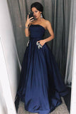 A Line Strapless Navy Blue Satin Floor Length Prom Evening Gowns with Appliques PDA014 | ballgownbridal