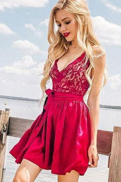 Gorgeous A Line V Neck Red Short Homecoming Dresses with Appliques PDA089 | ballgownbridal